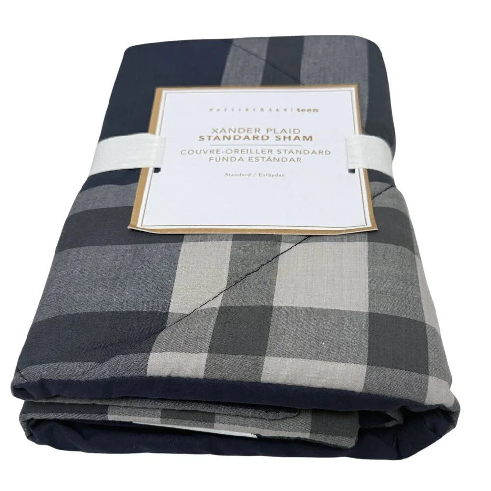 POTTERY BARN Pillow Sham Navy Gray Plaid Cotton Standard Size Xander Pillowcase